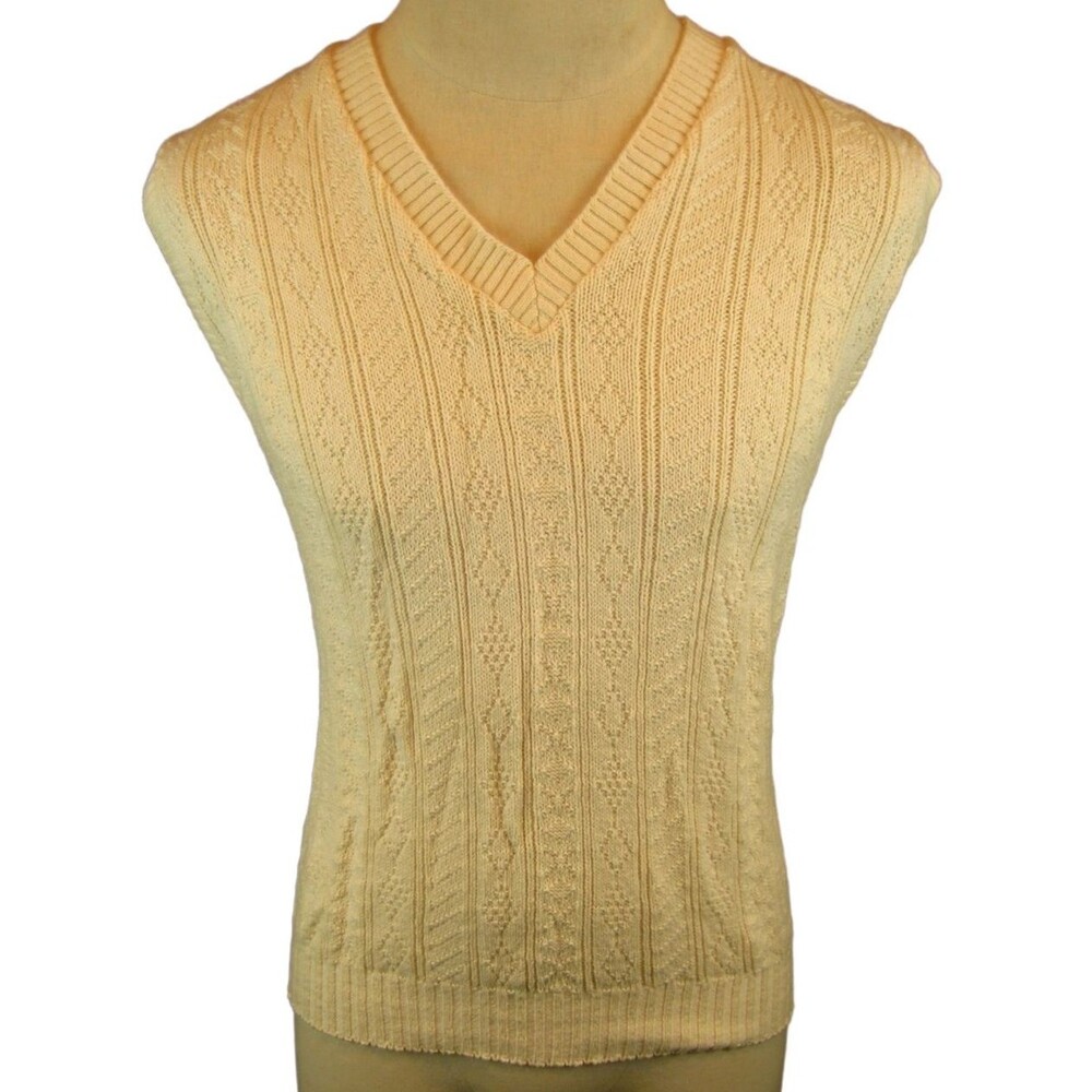Mens Roundtree & Yorke White Cable Knit Cotton V-Neck Sweater Vest sz L